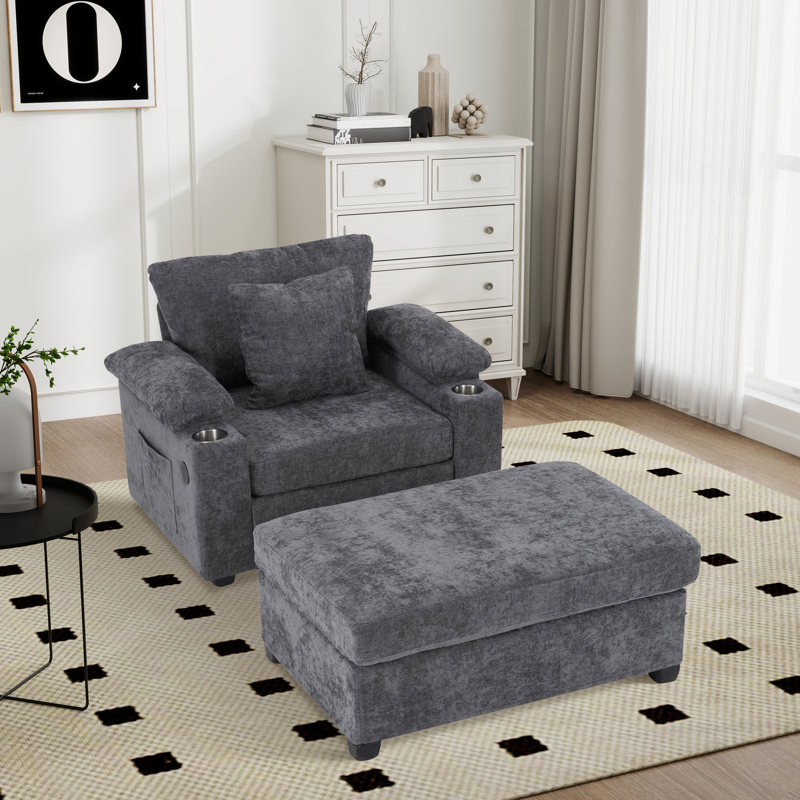 Fauteuil d'appoint surdimensionné en chenille avec repose-pieds, Chenille grise foncée