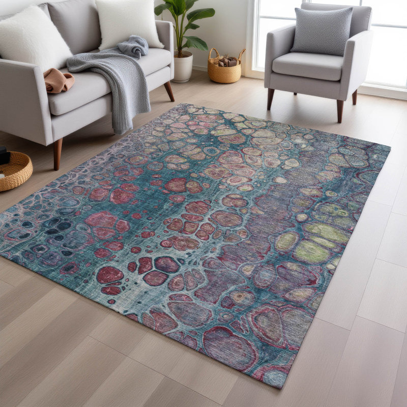 Machine Washable Indoor/Outdoor Xhevrie Teal Rug, Rectangle 8' x 10'