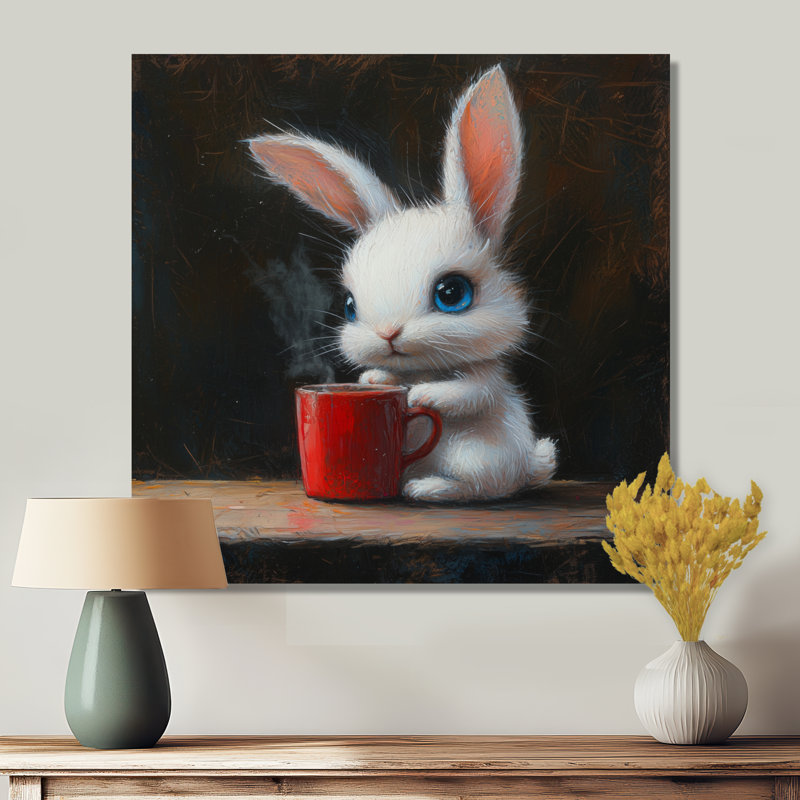 Drôle de lapin ayant un thé III - Lapin, impressions sur métal, H 36 po x l 36 po