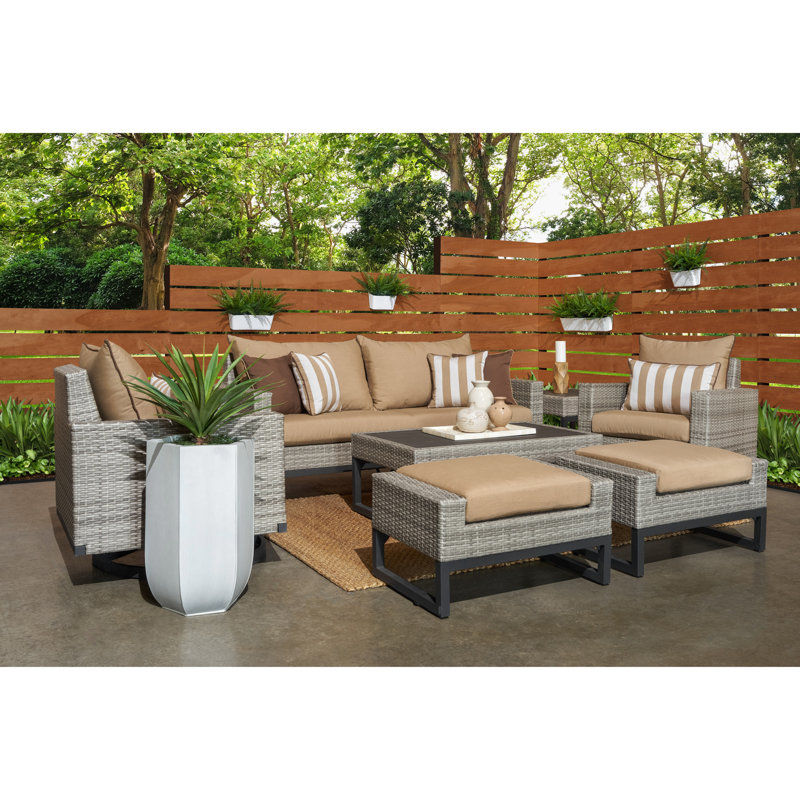 Milo Motion 7 Piece Rattan Sunbrella Sofa Set with Cushions, Brown, Canvas Heather Beige Sunbrella® Canvas