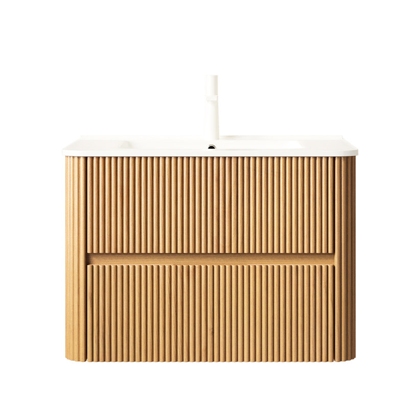 Meuble-lavabo mural de 30 po avec lavabo en céramique blanc, armoire de rangement en contreplaqué, 2 tiroirs, finition naturelle, glissières de tiroir à fermeture en douceur, lavabo rectangulaire au design scandinave, lisse flottante