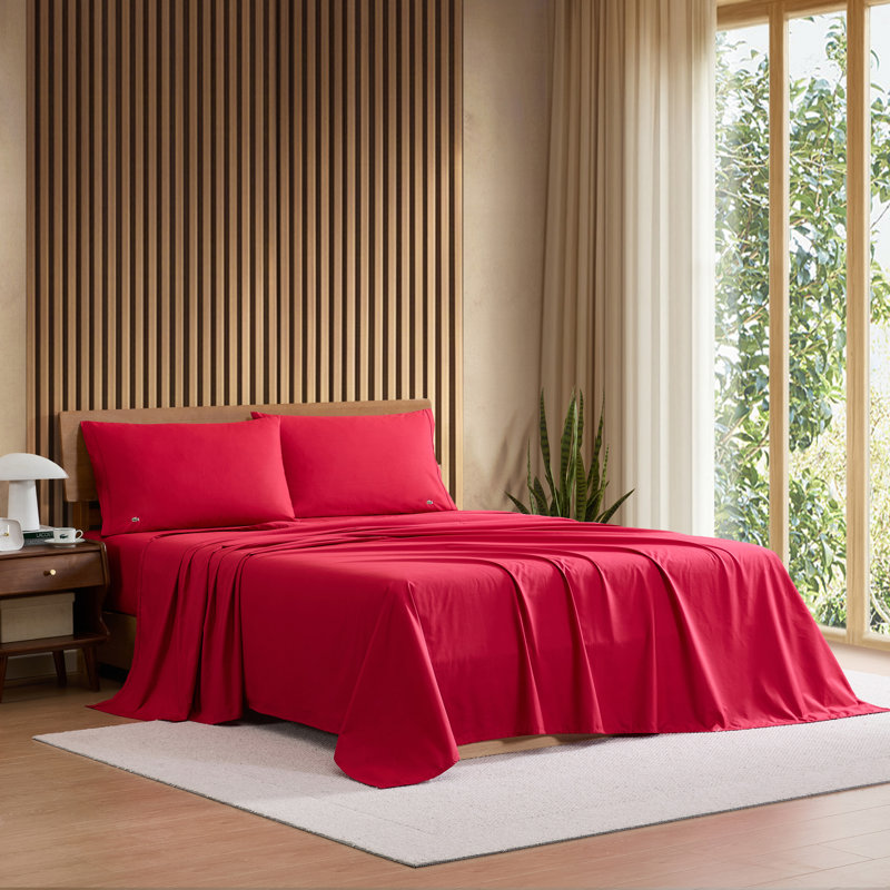 Lacoste Cotton Percale Sheet Set, Cooling & Breathable Bedding, Deep Pocket Fitted Sheet, Chili Pepper, Queen, Chili Pepper