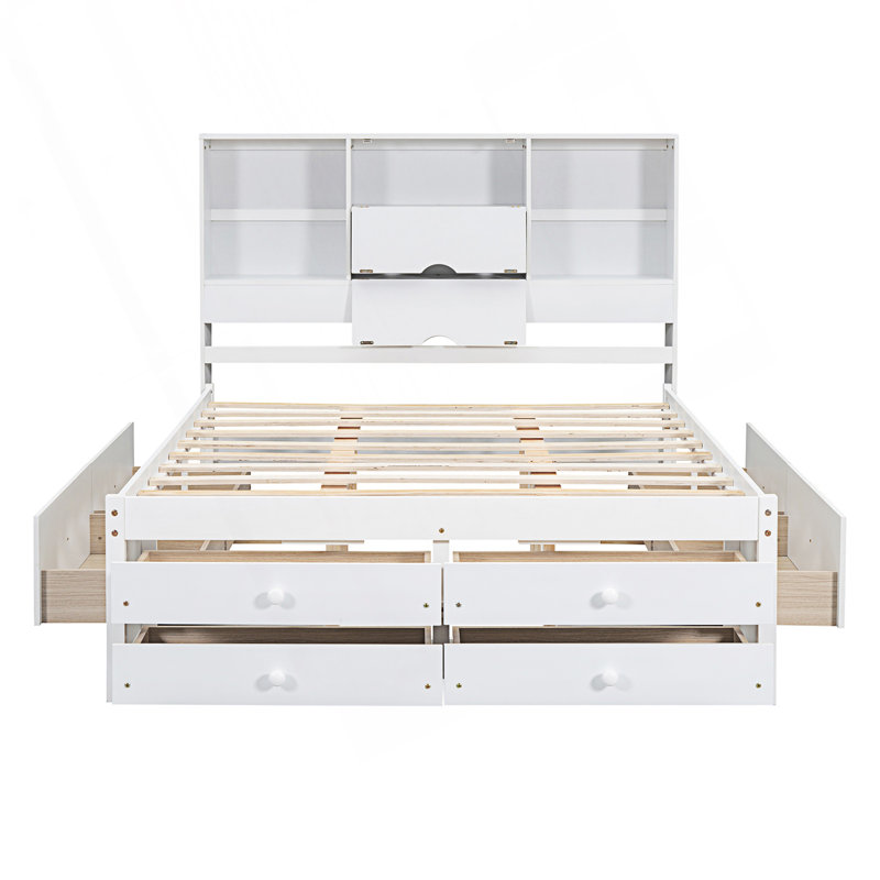 Grand lit plateforme avec tête de lit à rangement et 8 tiroirs