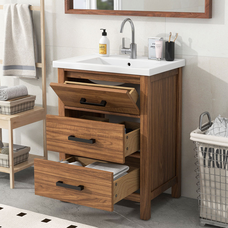 Meuble-lavabo simple autoportant avec plateau en céramique 24,4 po Marye