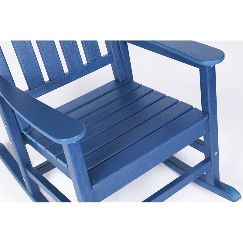 All Weather Navy Blue Rocking Chair With Side Table. Ergonomic Back Support For Relaxation. Widened And Contoured Seat. 41.7"H. Withstands 380 Pounds. 30-Min Partial Installation.