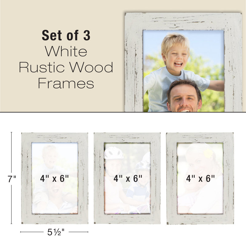 Paquet de 3 cadres photo en bois 4 "x 6" avec support et crochets muraux Excello Global Products (blanc vieilli)
