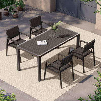 Ensemble de salle à manger d'extérieur en aluminium pour 4 personnes avec plateau en bois et chaises de salle à manger