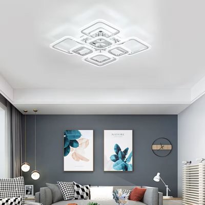Modern Nordic 8-Square Rectangular Flush Mount LED Ceiling Light With Remote Control, Dimmable Smart Lighting With Infrared Sensor & Color-Changing (3000K-6500K), Clear Acrylic Bubble Design, Metal Frame
