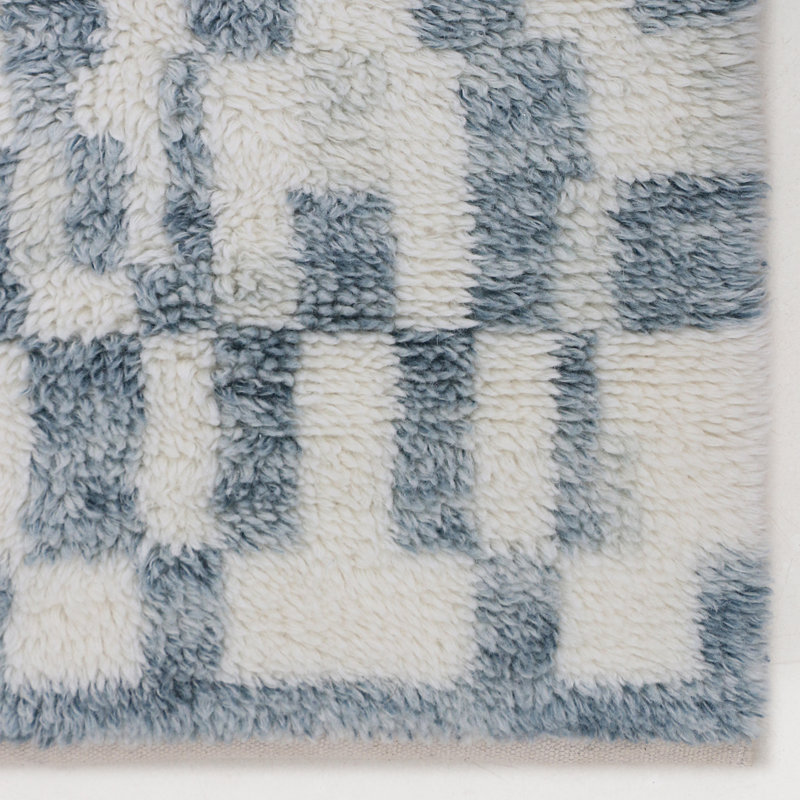 Shaggy Checkered Area Rug in Blue/Gray/Ivory, Runner 2'6" x 12'