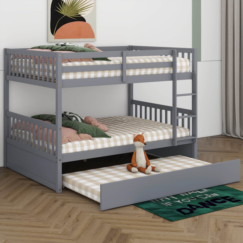 Twin Over Full Rubber Wood Bunk Bed With Trundle, Convertible Ladder And Guardrail, Detachable, White, Twin Over Full