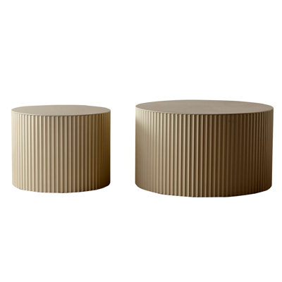 Beige Nesting Coffee Table Set of 2, Modern Drum Design with Wave Stripe, Ideal for Living Room and Space Efficiency