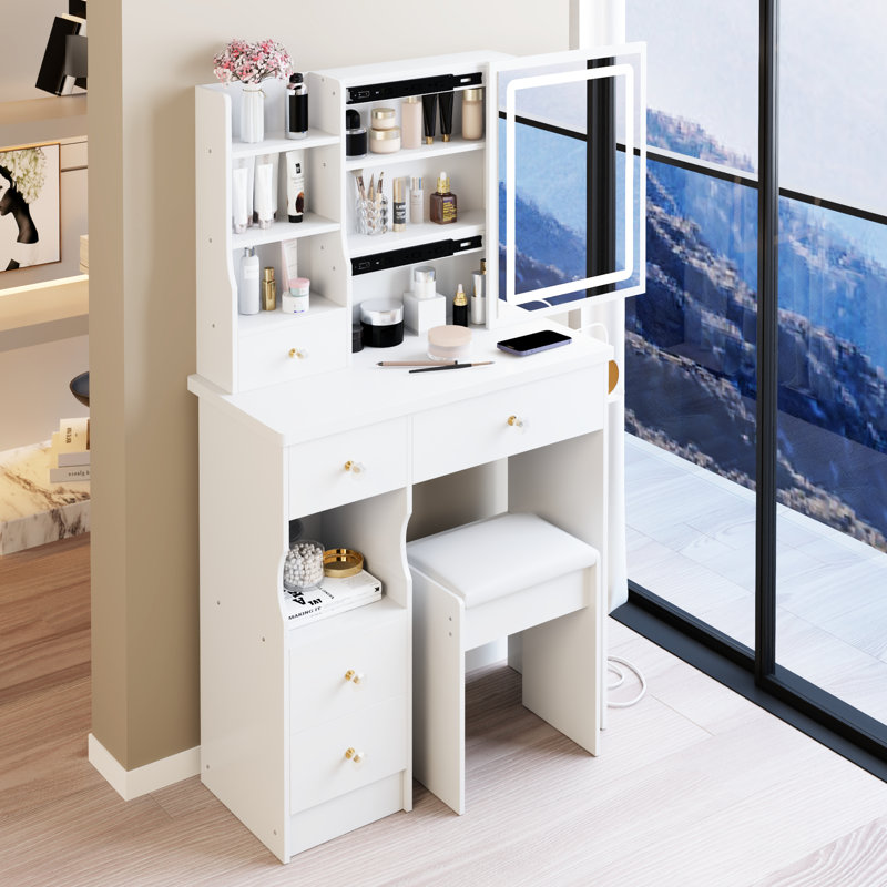 Petit ensemble de coiffeuse avec miroir coulissant, lumières DEL et tabouret, miroir de coiffeuse avec tiroirs de rangement et tablettes pour la chambre à coucher (blanc)
