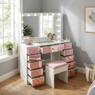 11-bulb Hollywood Vanity Desk With Glass Top & Pink Drawers – Makeup Table Set With Charging Station & Cushioned Stool