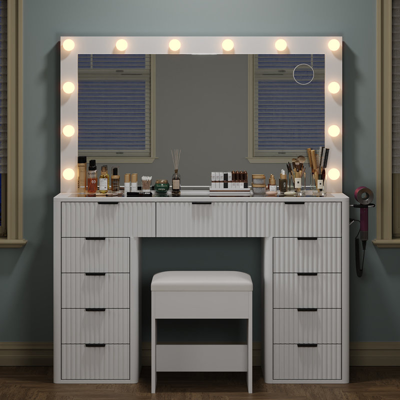 Vanity Desk with Power Outlet, Fluted Makeup Vanity with Lights Mirror, 3 Lighting Modes Adjustable, 11 Drawers Vanity Set, Makeup Table with Glass Top, Vanity Table with Chair