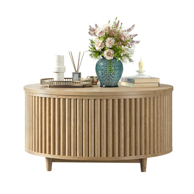 31.5'' Round Coffee Table, Fluted Lift Top Coffee Table With Large Storage, Mid Century Modern Small Center Table For Living Room