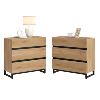 Aadam  2 Pack Nightstand With 3 Drawers For Bedroom, Modern Bedside Table With Square Iron Leg, Wood Rustic Side End Table For Living Room