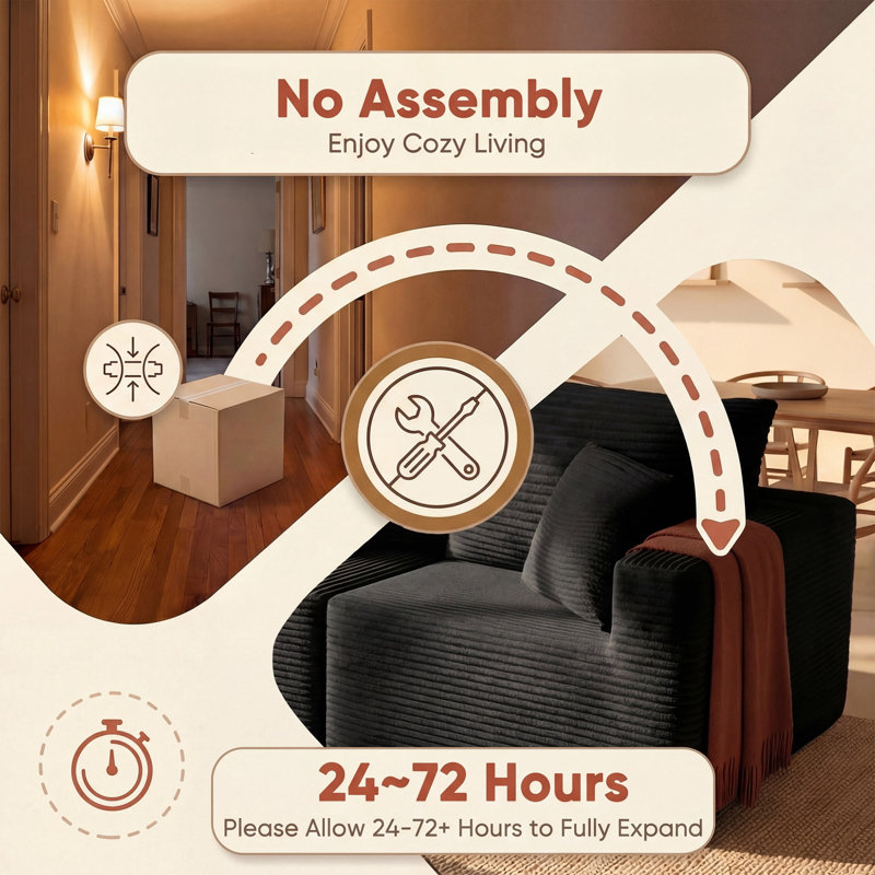 Boneless Modular Sectional Couch, Cloud U-Shaped Compression Sofa with Wide Armrest, Black Corduroy, Straight