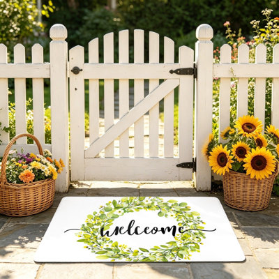 White Green Wreath Welcome Door Mat 24"X 36" for Front Door