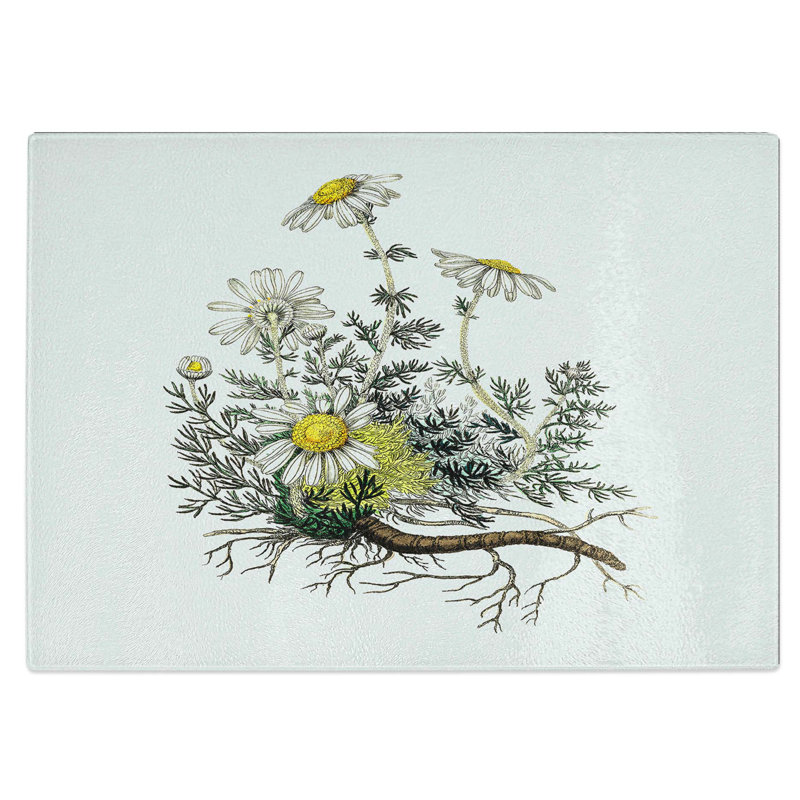 Tempered Glass Chamomile Flowers Illustration Chopping Board, 28.5 cm W x 20 cm L