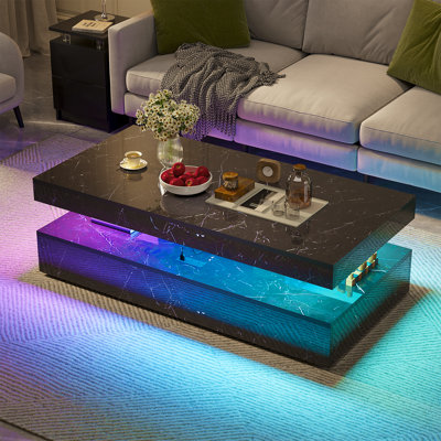 47” High-Glossy Led Coffee Table With 2 Sliding Drawers, Modern Stylish Double-Layer Center Tables With Led Lights