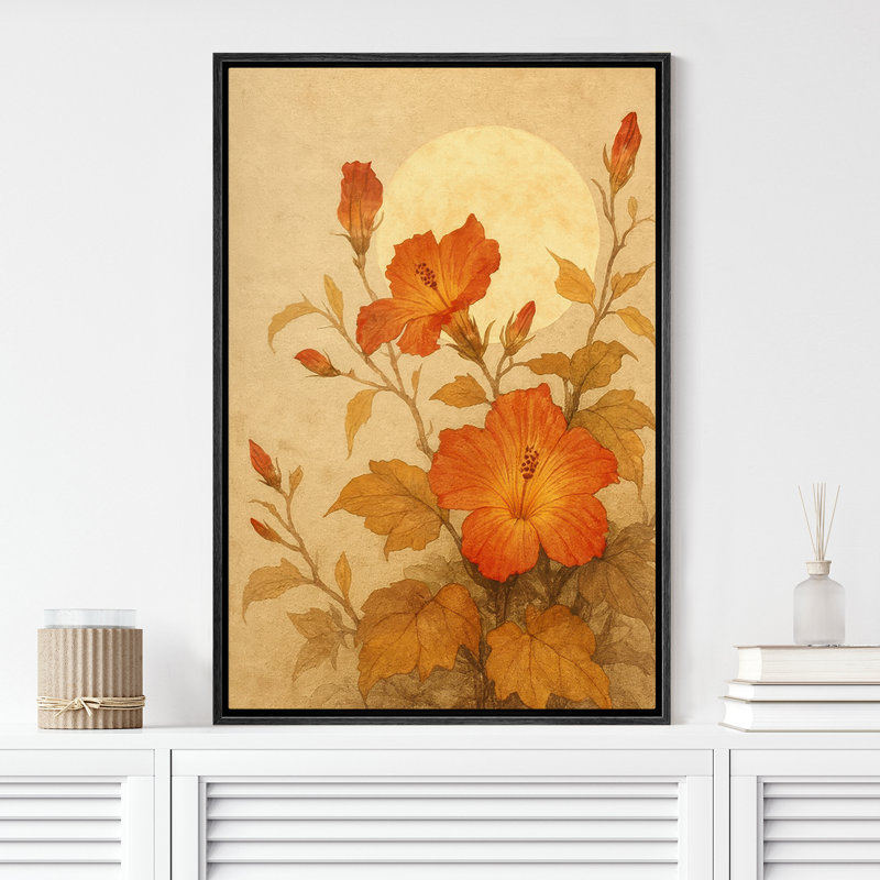 «Hibiscus Flowers in Moonlight», reproduction d'art sur toile encadrée, H 36 po x l 24 po x P 1,5 po, Structure noire