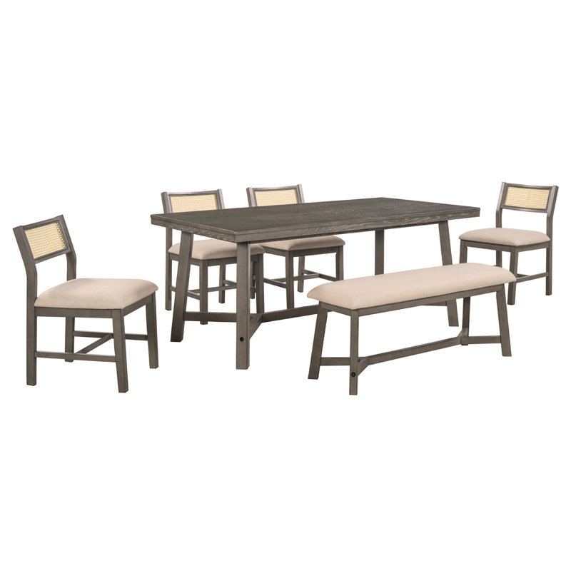 Ensemble de salle à manger 6 pièces de style maison de campagne rétro, table rectangulaire et 4 chaises rembourrées avec rotin et banc (gris)