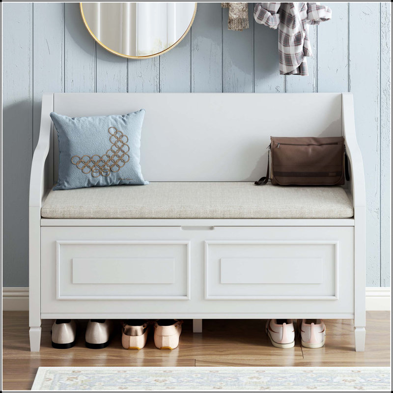 Banc de rangement en bois massif rustique avec charnière de sécurité et coussin amovible, Blanc, Blanc