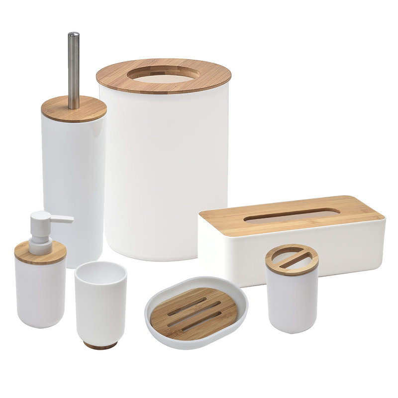 Ensemble d'accessoires de salle de bain en bambou Padang, 7 pièces, Blanc/brun