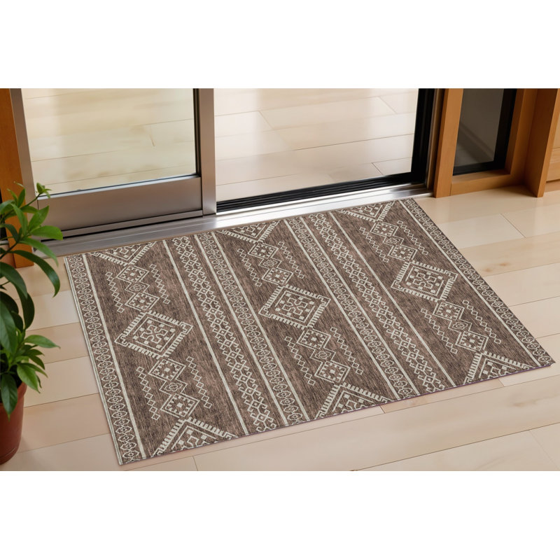 3' X 5' Brown And Ivory Southwestern Washable Indoor Outdoor Area Rug