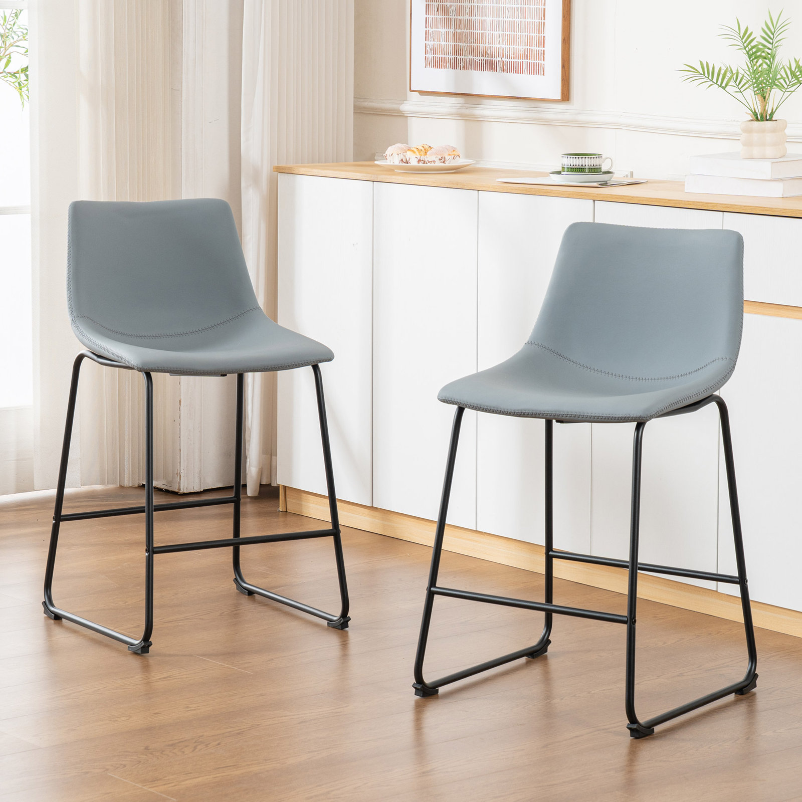 Anke Vegan Leather Armless (Set of 2), Gray, Counter Stool (24” Seat Height)