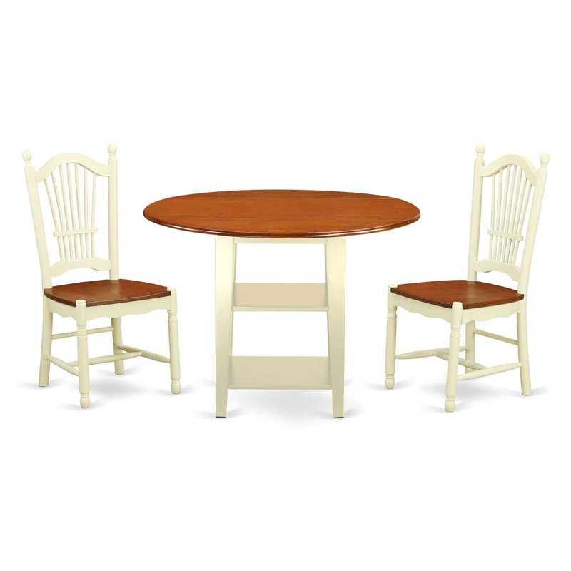 L'ensemble de table de salle à manger 3 pièces pour petits espaces comprend une table de salle à manger ronde avec Dropleaf et des tablettes et 2 chaises en bois, babeurre et cerise