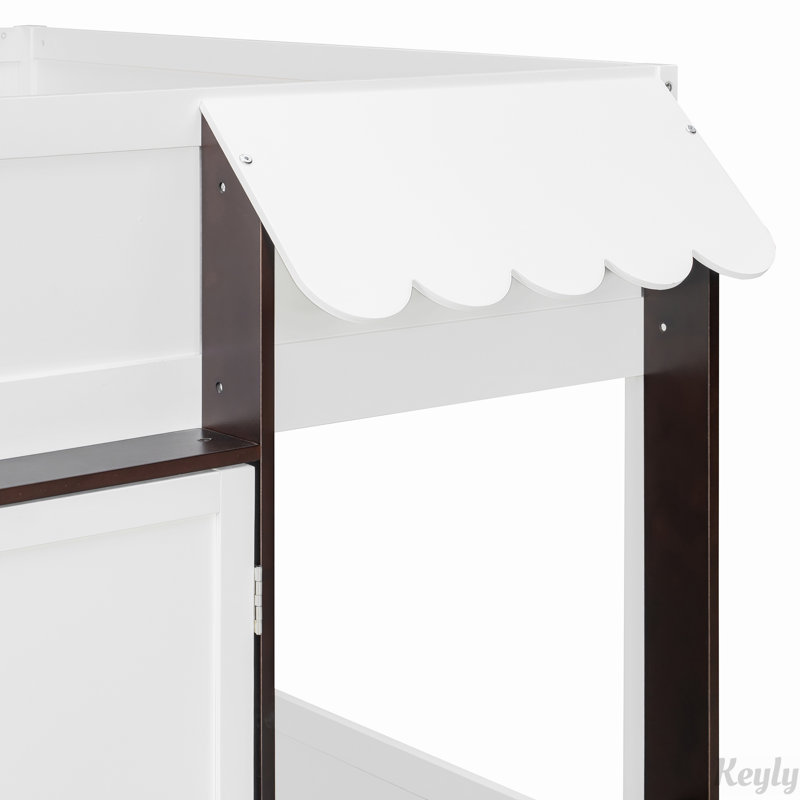 Lit mezzanine double avec maisonnette et rangement, lit en bois moderne pour enfants / adolescents, Espresso / blanc