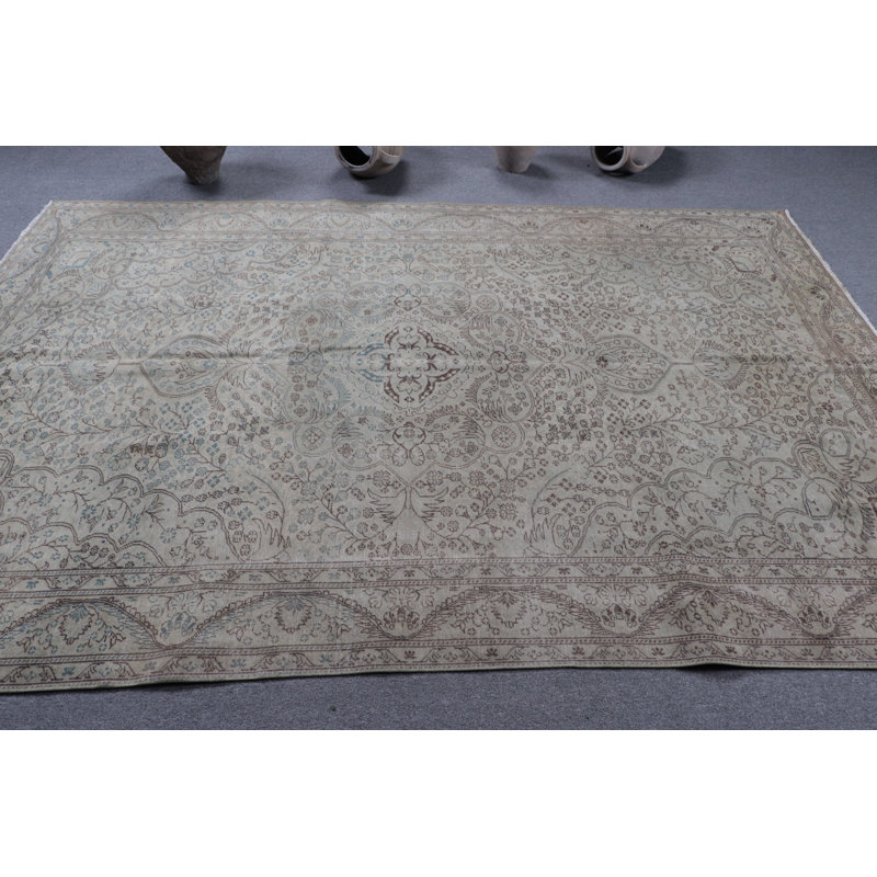 Grand tapis turc Oushak rétro vert avec un motif floral surdimensionné en laine, idéal pour rehausser le décor du salon