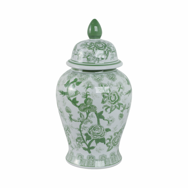 Ceramic Chinoiserie Ginger Jar Decorative Lidded Vessel in Classic Oriental Style, 18" H x 10" W x 10" D