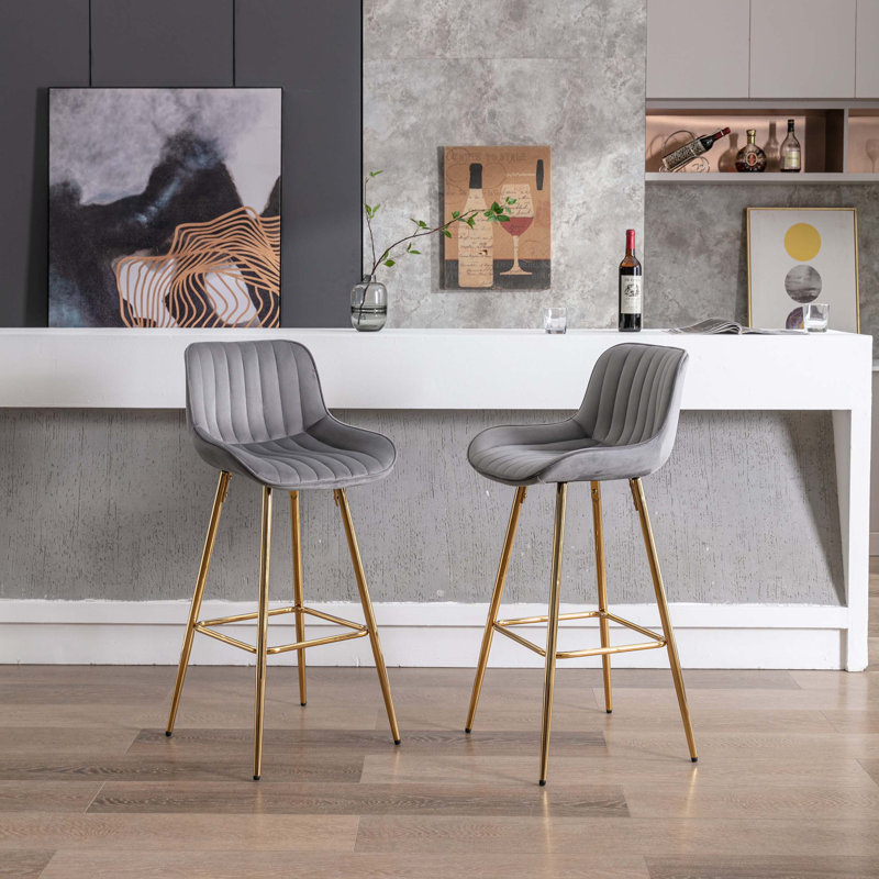 Ensemble de 2 tabourets de bar, avec tabouret de comptoir en tissu chromé et repose-pieds, Gris
