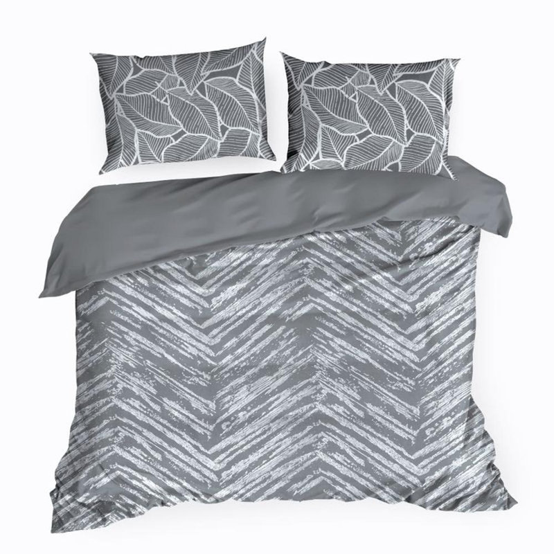 Garred Cotton Chevron / Zig Zag Duvet Cover Set with Pillowcases, Kingsize - 2 Pillowcases (70 x 80 cm), Steel