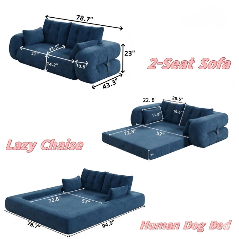 Méridienne polyvalente pliable de 78,7 pouces pour les personnes et les animaux de compagnie, canapé-lit rembourré en mousse 3-en-1, parfait pour le salon, les chambres d'amis, la salle de jeux - bleu foncé