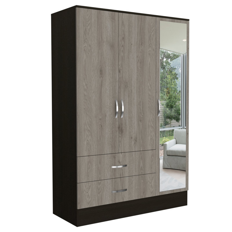 Armoire de chambre à coucher en miroir Florencia S, avec deux armoires, deux tiroirs et cloisons
