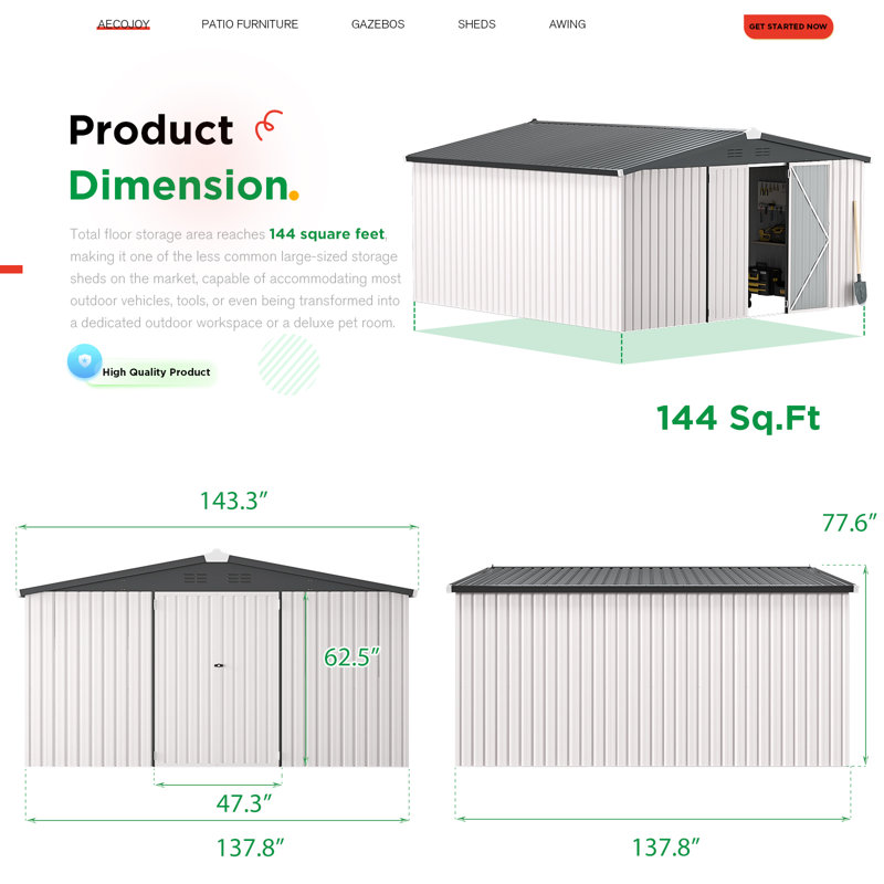 12' x 12' Metal Storage Shed  With Design Of Lockable Doors, White