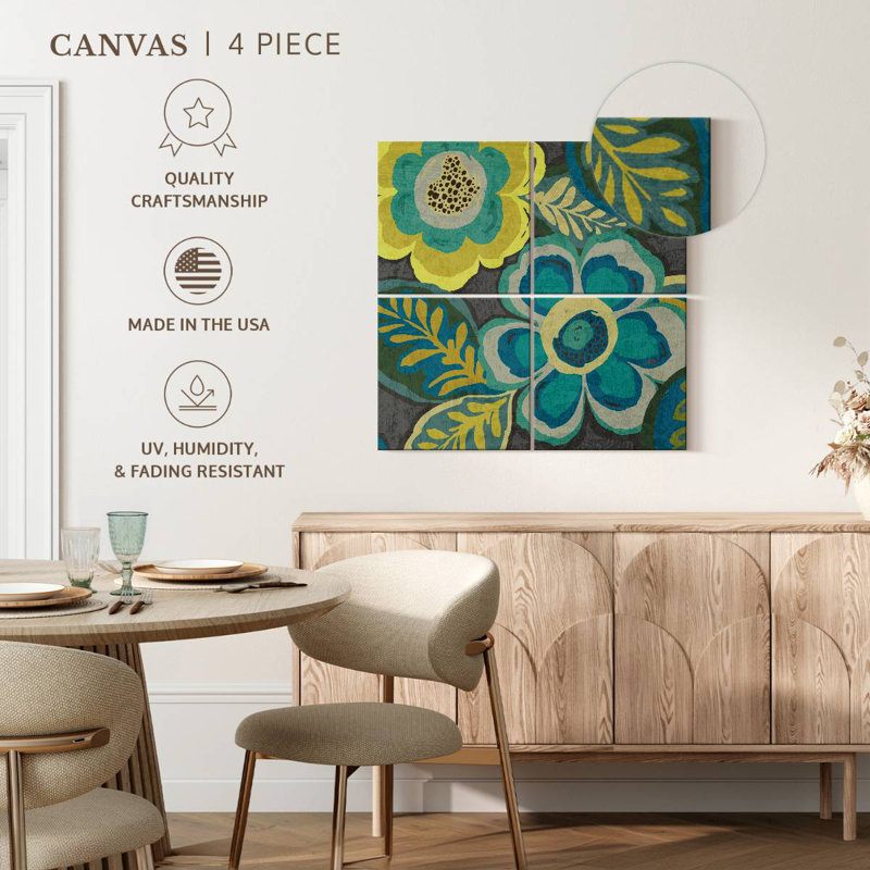 Assortiment floral Harnek bleu sarcelle sur gris foncé II, H 18 po x l 18 po