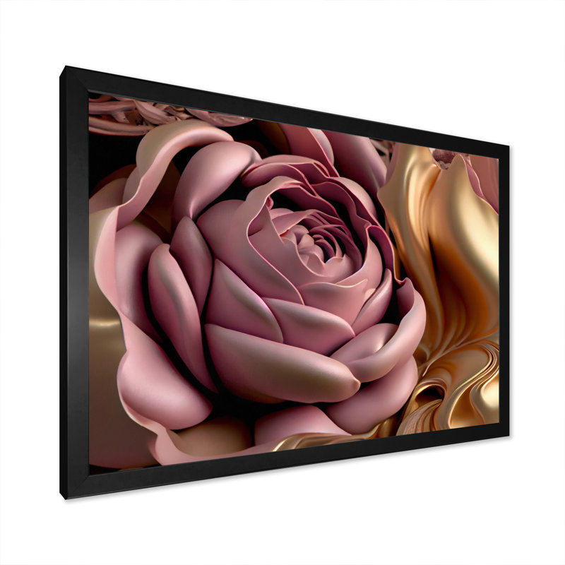 Pink And Gold Glam Flowers II - Floral Large Wall Art, Single Picture Framed, 12" H x 20" W, Black