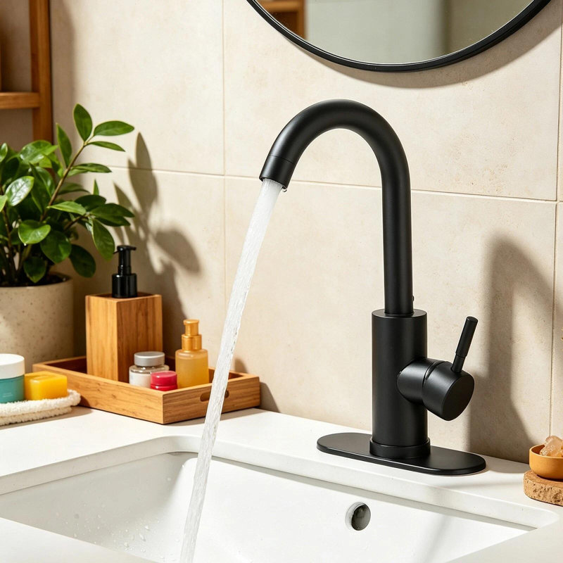 Robinets de lavabo pour salle de bain à poignée simple avec drain noir