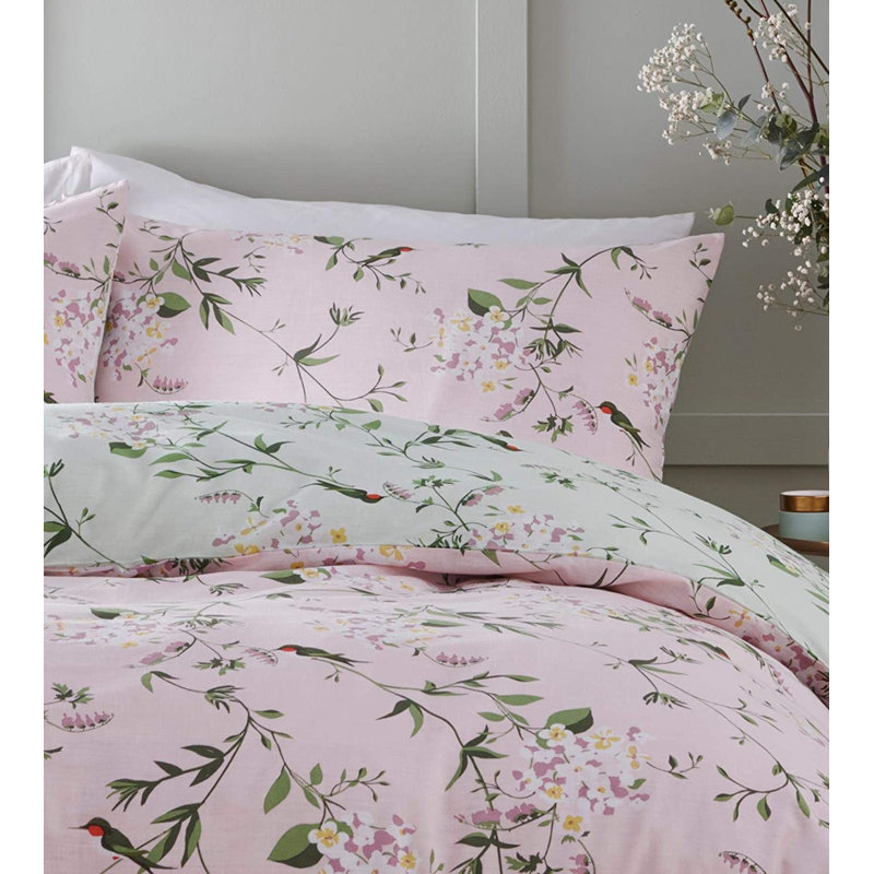 White/Green/Pink 56 TC Reversible Duvet Cover Set, Super King Duvet Cover + 2 Standard Pillowcases, White/Green/Pink