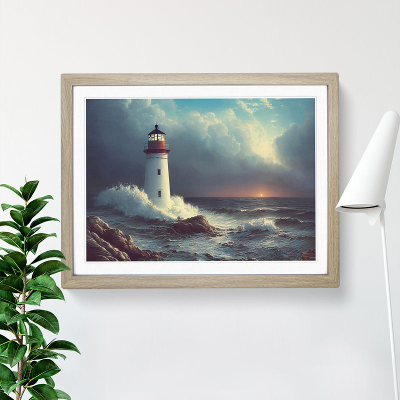 Interesting Lighthouse Seascape - Framed Print, 46cm H x 64cm W x 2cm D, Oak