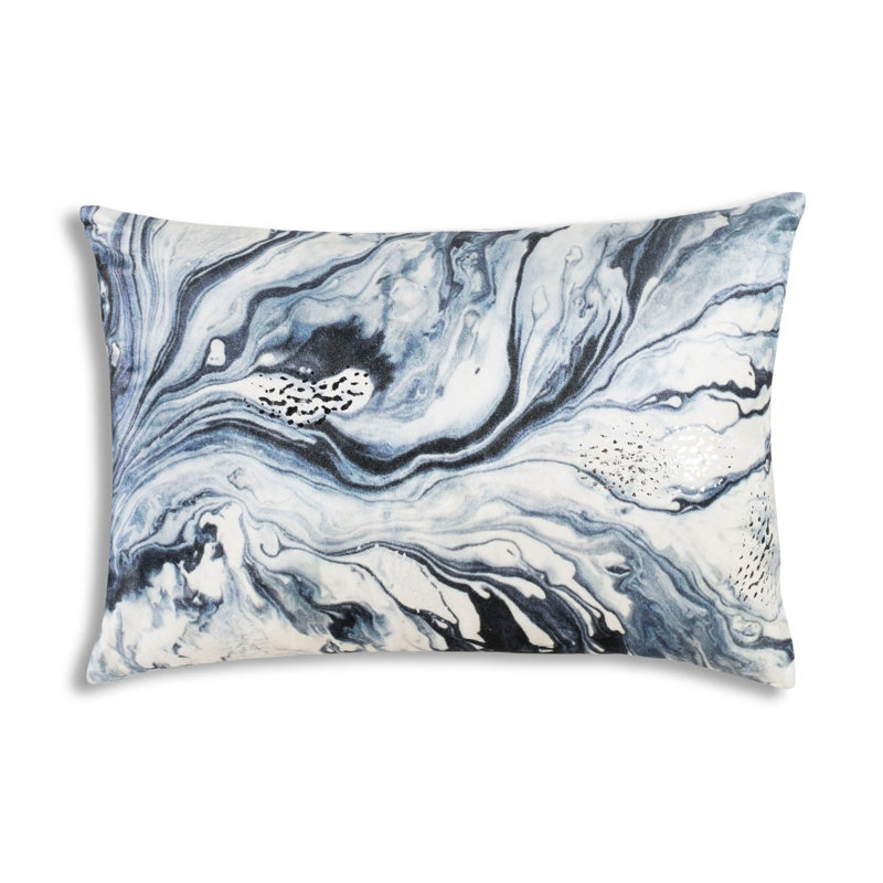 Cloud9 Design Lapis Blue Pillow Printed Decorative Cushion with Watercolor Marble Print and Metallic Foil Modern Glam Style