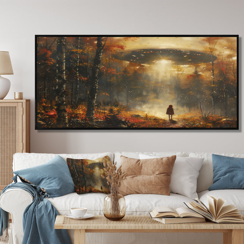 Rêve d'extraterrestres bruns gris et brun - OVNIS, art mural, Cadre flottant noir, bois massif, H 28 po x l 60 po x P 1,5 po