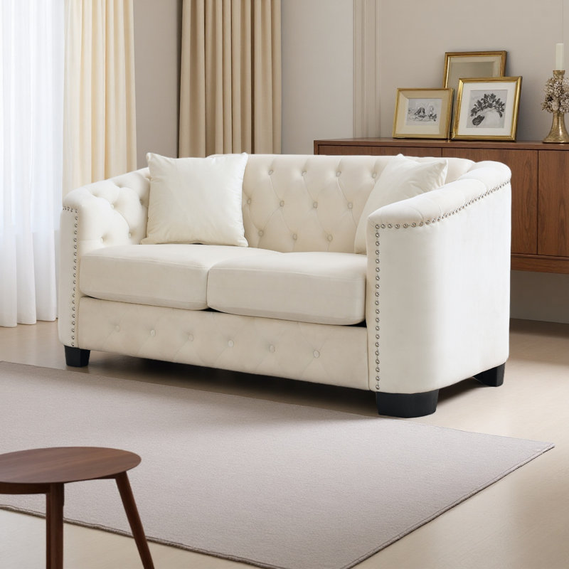 Hafid 76.89'' Velvet Sofa, Beige Velvet, 30" H x 59" W x 31.5" D