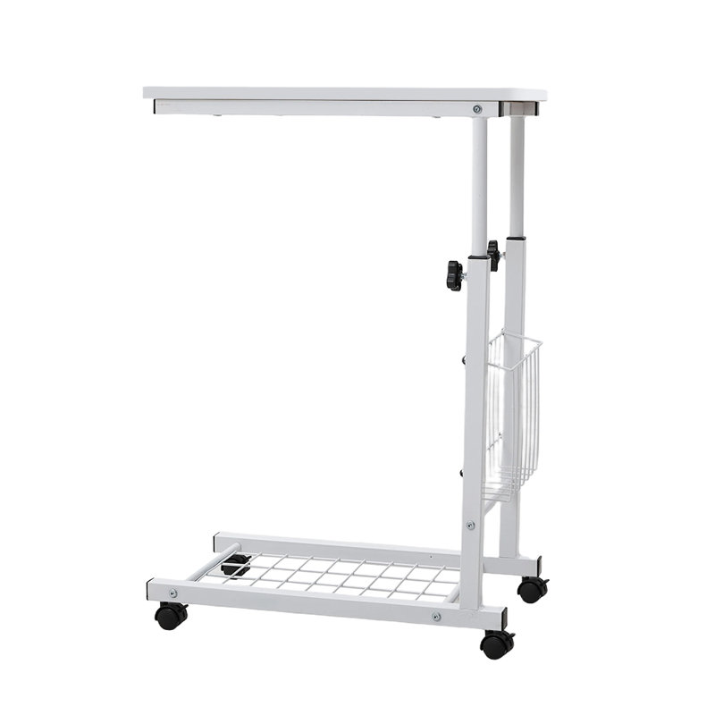 Industrial Adjustable Overbed Desk with Wire Basket, White/White