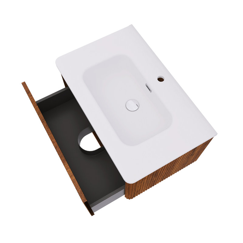 Meuble-lavabo flottant mural 30 po avec lavabo en céramique blanc, Noyer