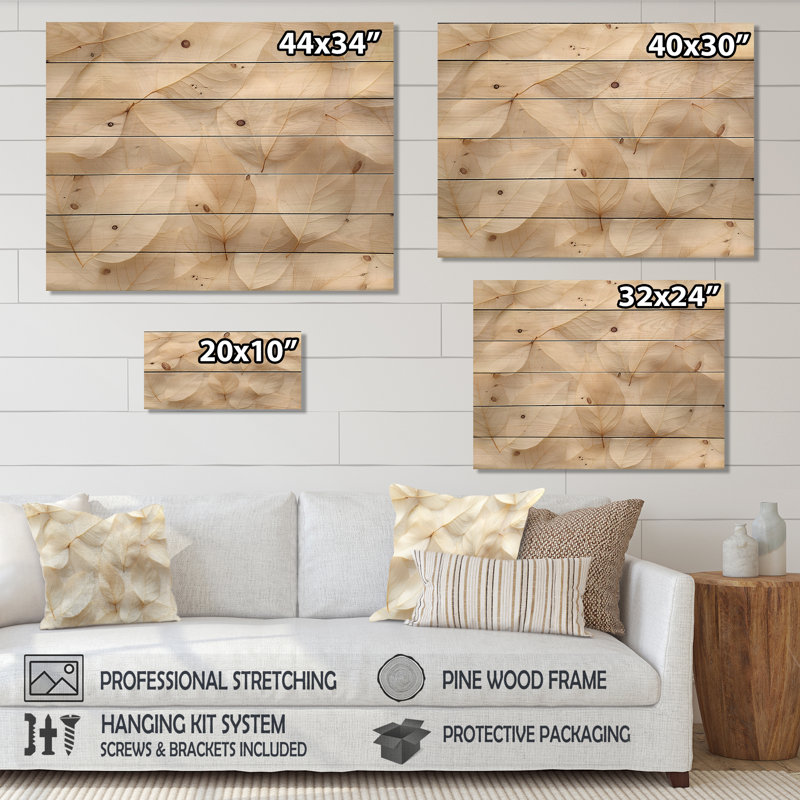 Feuillage ivoire collage de feuilles II - impression sur bois de feuilles - sur bois de pin naturel, H 24 po x l 32 po
